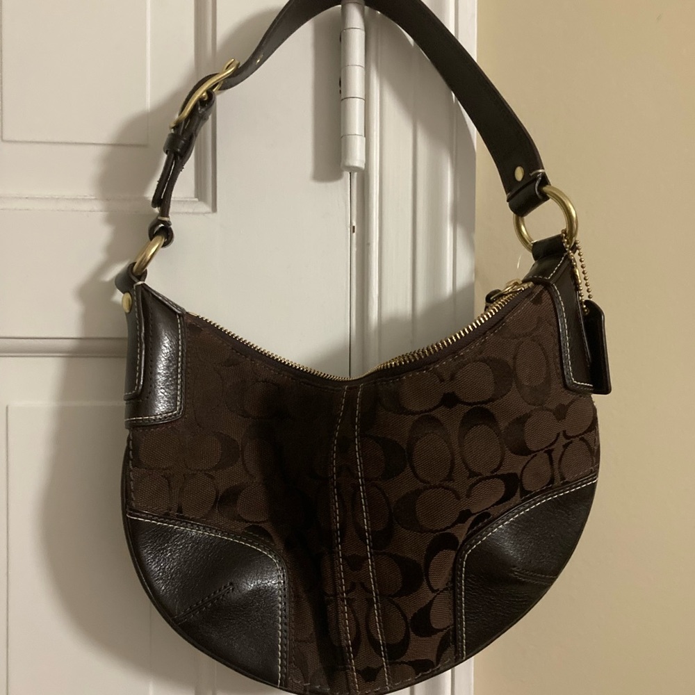 Coach Signature Brown Canvas Fabric Leather Hobo Soho Handbag G0768-11371